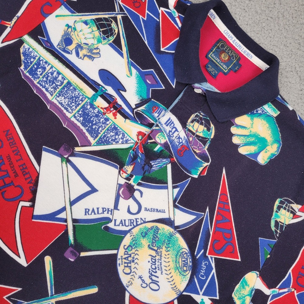 Chaps Ralph Lauren Vintage 90s Mens Baseball Polo Shirt Size L‎ All Over Print
